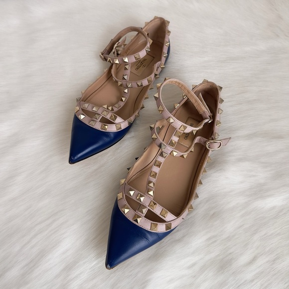 ✨VALENTINO GARAVANI Rockstud Leather Cage Flats Blue Size 37.5 - Picture 2 of 16